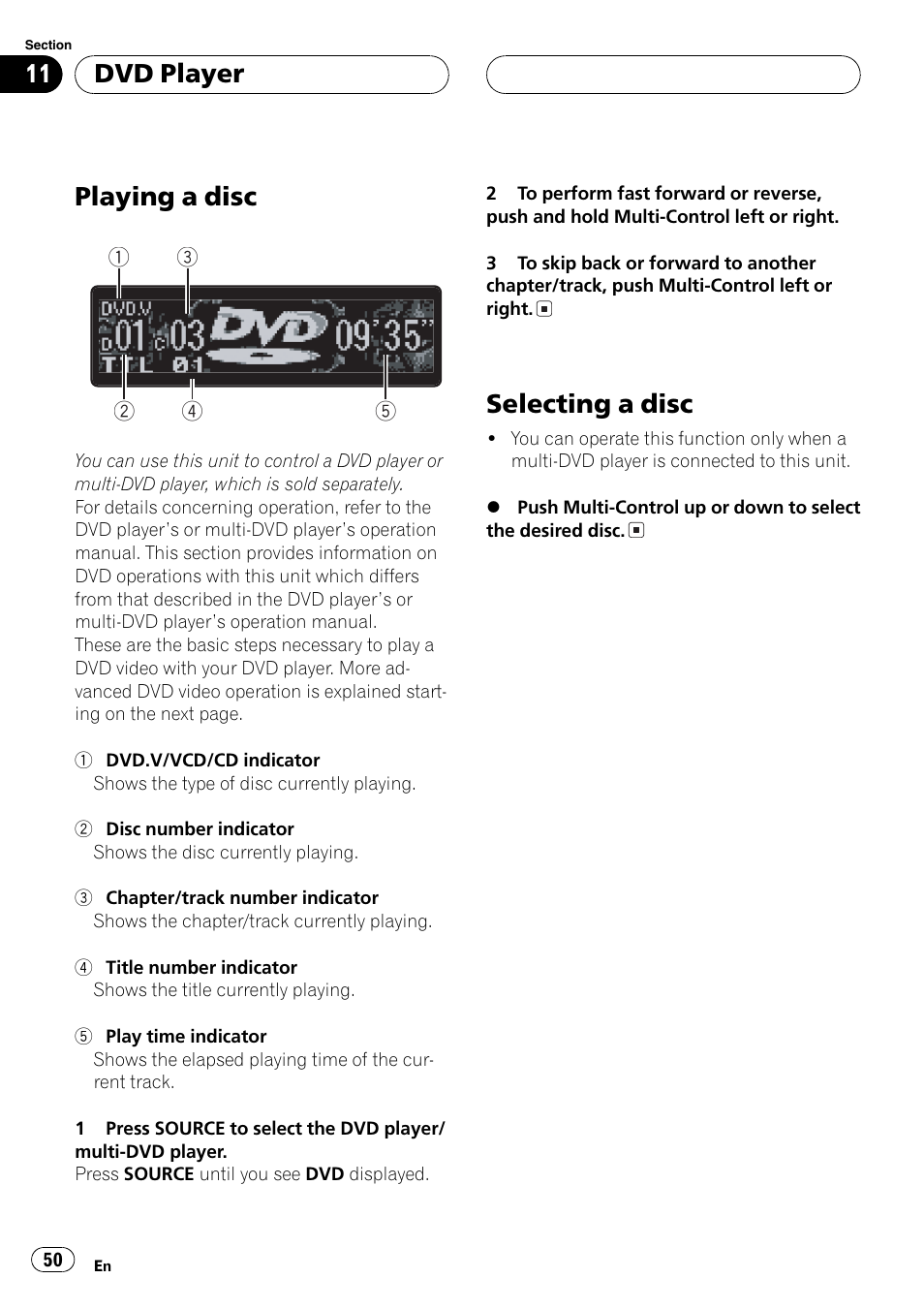 Dvd player, Playing a disc 50, Selecting a disc 50 | Playing a disc, Selecting a disc | Pioneer DEH-P80MP User Manual | Page 50 / 155