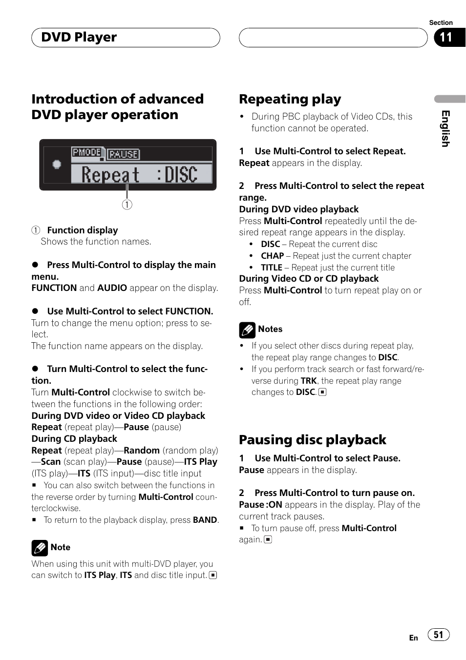 Introduction of advanced dvd player, Operation 51, Repeating play 51 | Pausing disc playback 51, Introduction of advanced dvd player operation, Repeating play, Pausing disc playback, Dvd player | Pioneer DEH-P80MP User Manual | Page 51 / 155