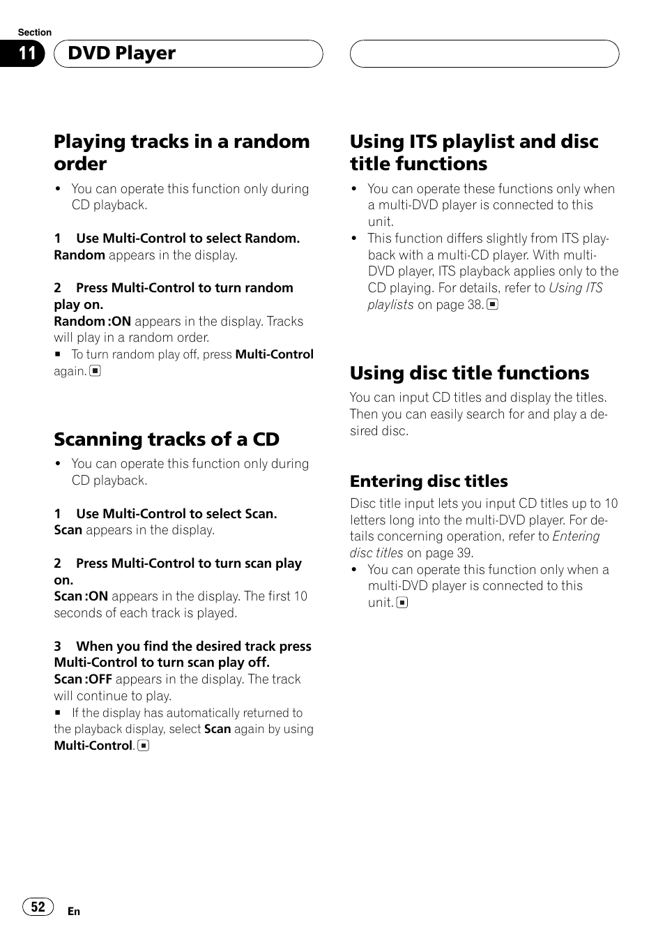Playing tracks in a random order 52, Scanning tracks of a cd 52, Using its playlist and disc title functions 52 | Using disc title functions 52, Entering disc titles 52, Playing tracks in a random order, Scanning tracks of a cd, Using its playlist and disc title functions, Using disc title functions, Dvd player | Pioneer DEH-P80MP User Manual | Page 52 / 155
