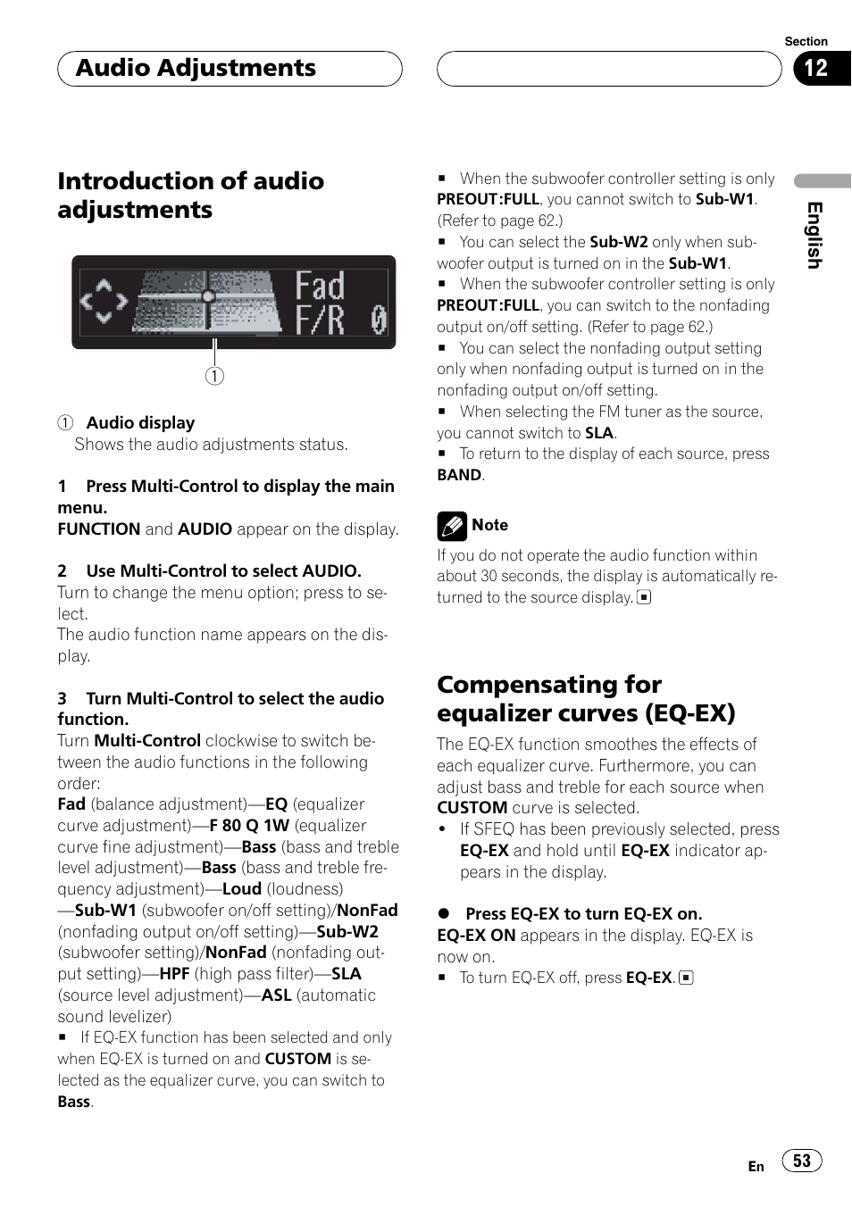 Audio adjustments, Introduction of audio adjustments 53, Compensating for equalizer curves (eq | Ex) 53, Introduction of audio adjustments, Compensating for equalizer curves (eq-ex) | Pioneer DEH-P80MP User Manual | Page 53 / 155