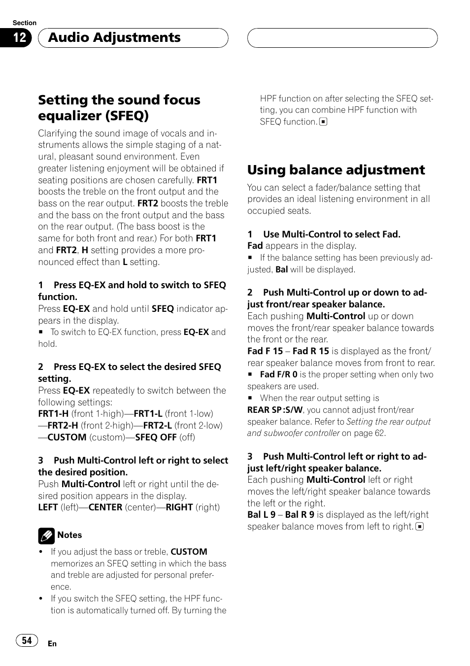 Setting the sound focus equalizer, Sfeq) 54, Using balance adjustment 54 | Setting the sound focus equalizer (sfeq), Using balance adjustment, Audio adjustments | Pioneer DEH-P80MP User Manual | Page 54 / 155