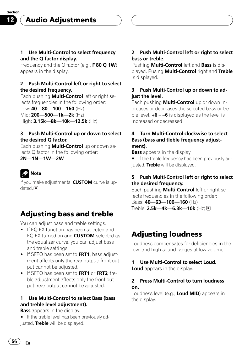 Adjusting bass and treble 56, Adjusting loudness 56, Adjusting bass and treble | Adjusting loudness, Audio adjustments | Pioneer DEH-P80MP User Manual | Page 56 / 155