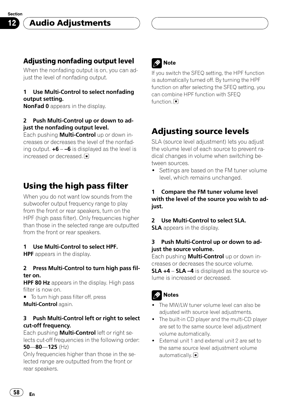 Adjusting nonfading output level 58, Using the high pass filter 58, Adjusting source levels 58 | Using the high pass filter, Adjusting source levels, Audio adjustments, Adjusting nonfading output level | Pioneer DEH-P80MP User Manual | Page 58 / 155