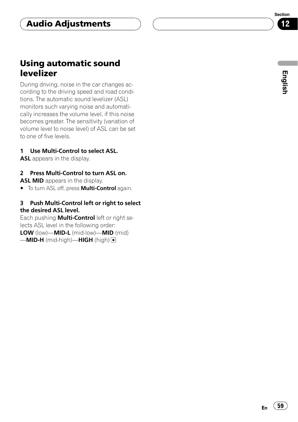 Using automatic sound levelizer 59, Using automatic sound levelizer, Audio adjustments | Pioneer DEH-P80MP User Manual | Page 59 / 155
