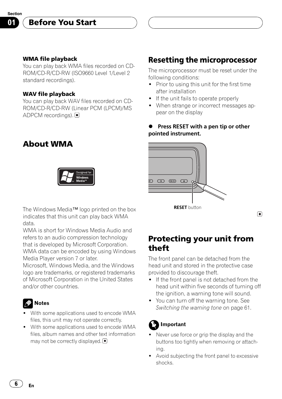 About wma 6, Resetting the microprocessor 6, Protecting your unit from theft 6 | About wma, Resetting the microprocessor, Protecting your unit from theft, Before you start | Pioneer DEH-P80MP User Manual | Page 6 / 155