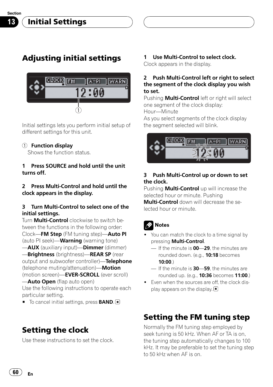 Initialsettings, Adjusting initial settings 60, Setting the clock 60 | Setting the fm tuning step 60, Adjusting initial settings, Setting the clock, Setting the fm tuning step, Initial settings | Pioneer DEH-P80MP User Manual | Page 60 / 155