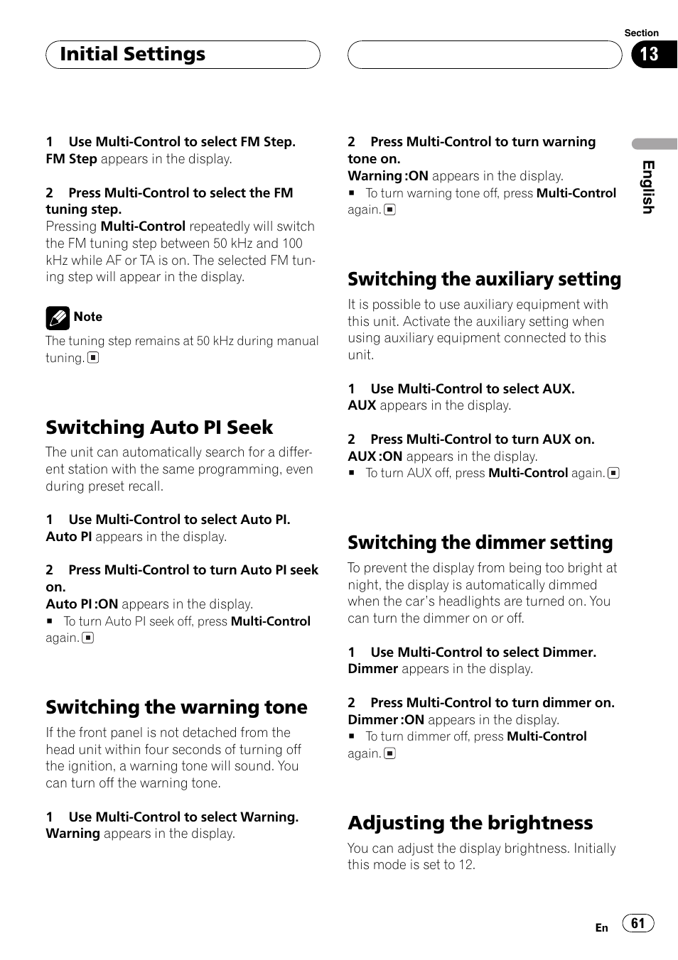Switching auto pi seek 61, Switching the warning tone 61, Switching the auxiliary setting 61 | Switching the dimmer setting 61, Adjusting the brightness 61, Switching auto pi seek, Switching the warning tone, Switching the auxiliary setting, Switching the dimmer setting, Adjusting the brightness | Pioneer DEH-P80MP User Manual | Page 61 / 155