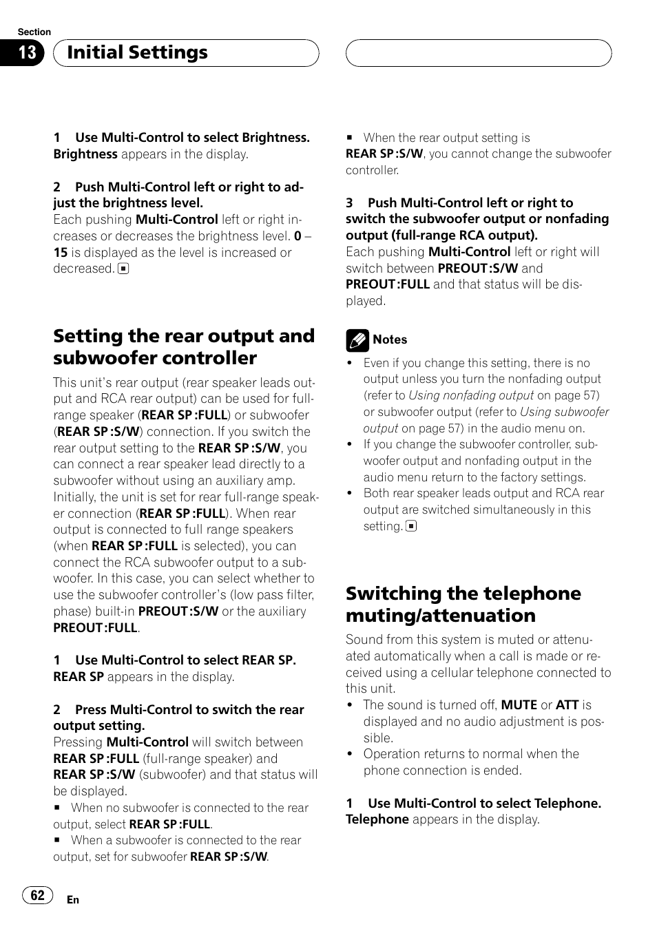 Setting the rear output and subwoofer, Controller 62, Switching the telephone muting | Attenuation 62, Setting the rear output and subwoofer controller, Switching the telephone muting/attenuation, Initial settings | Pioneer DEH-P80MP User Manual | Page 62 / 155