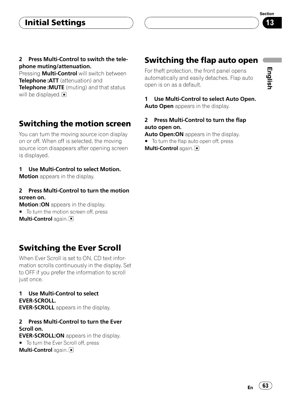 Switching the motion screen 63, Switching the ever scroll 63, Switching the flap auto open 63 | Switching the motion screen, Switching the ever scroll, Switching the flap auto open, Initial settings | Pioneer DEH-P80MP User Manual | Page 63 / 155