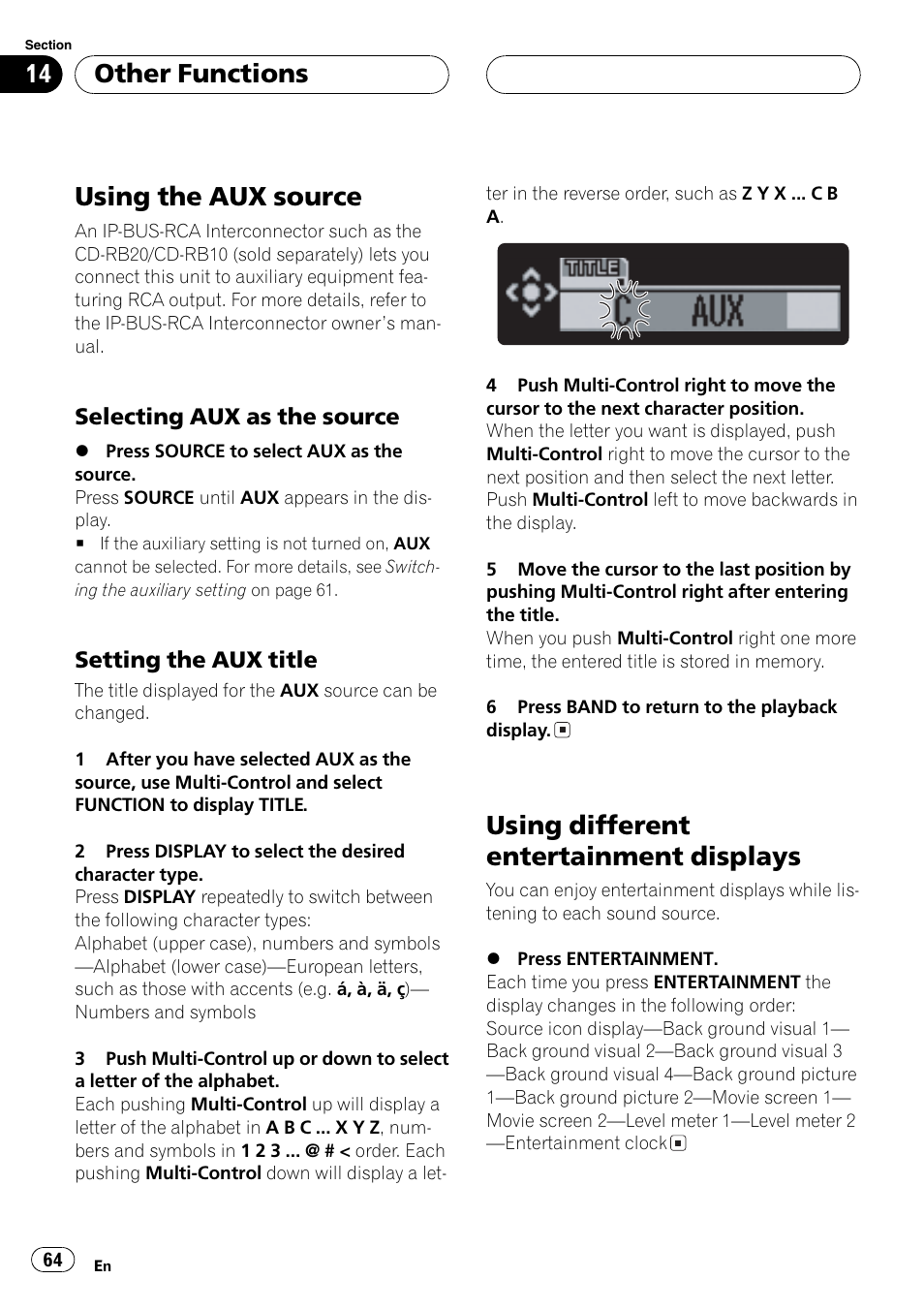 Other functions, Using the aux source 64, Selecting aux as the source 64 | Setting the aux title 64, Using different entertainment displays 64, Using the aux source, Using different entertainment displays | Pioneer DEH-P80MP User Manual | Page 64 / 155