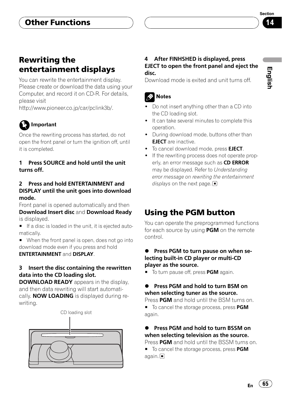 Rewriting the entertainment displays 65, Using the pgm button 65, Rewriting the entertainment displays | Using the pgm button, Other functions | Pioneer DEH-P80MP User Manual | Page 65 / 155