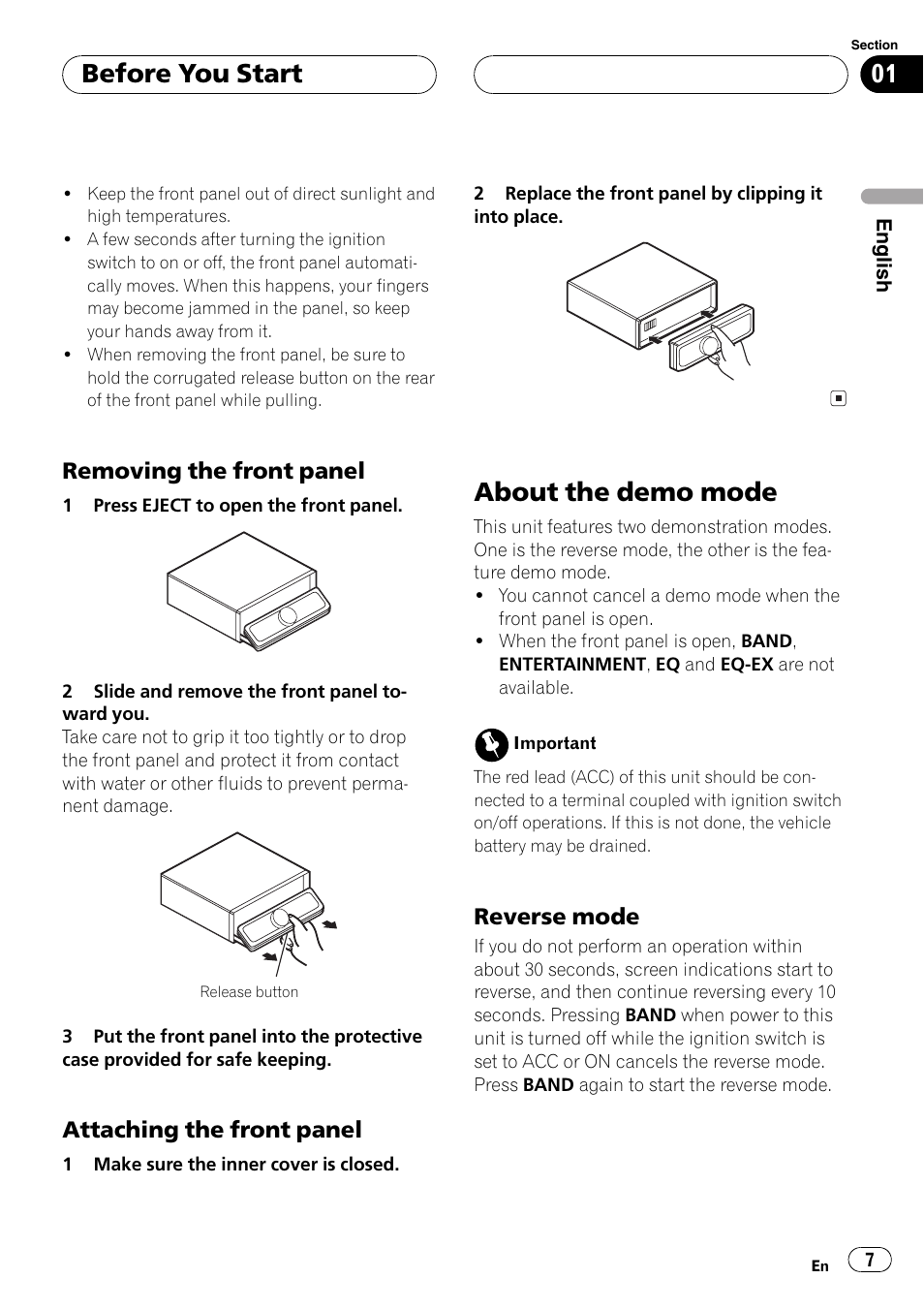 Removing the front panel 7, Attaching the front panel 7, About the demo mode 7 | Reverse mode 7, About the demo mode, Before you start, Removing the front panel, Attaching the front panel, Reverse mode | Pioneer DEH-P80MP User Manual | Page 7 / 155