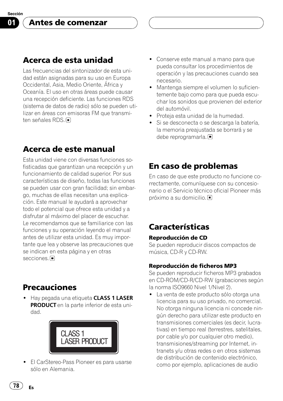 Antes de comenzar acerca de esta unidad 78, Acerca de este manual 78, Precauciones 78 | En caso de problemas 78, Características 78, Acerca de esta unidad, Acerca de este manual, Precauciones, En caso de problemas, Características | Pioneer DEH-P80MP User Manual | Page 78 / 155