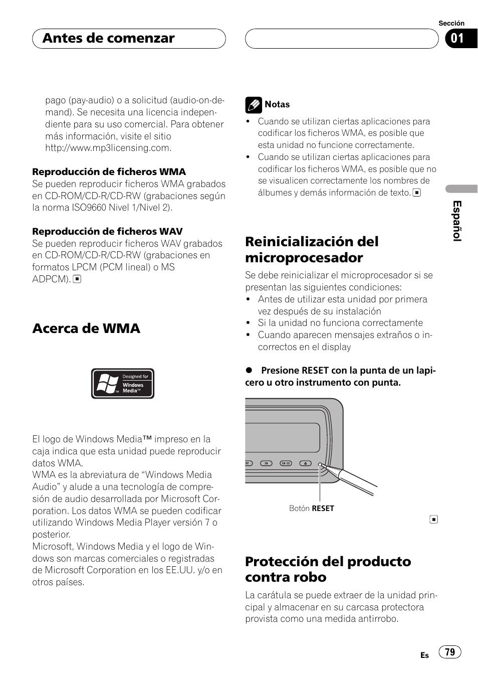 Acerca de wma 79, Reinicialización del microprocesador 79, Protección del producto contra robo 79 | Acerca de wma, Reinicialización del microprocesador, Protección del producto contra robo, Antes de comenzar | Pioneer DEH-P80MP User Manual | Page 79 / 155