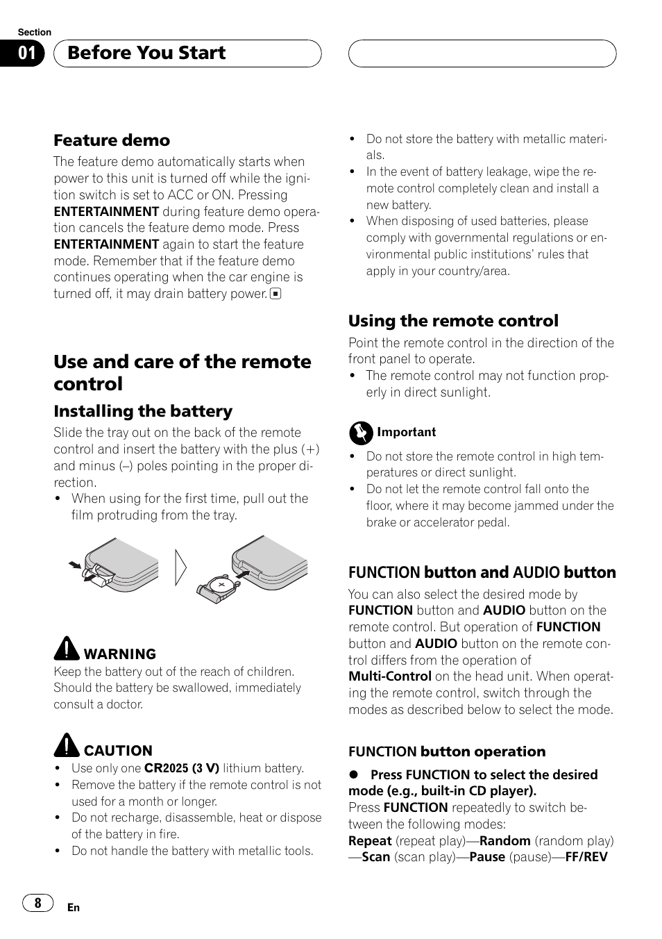 Feature demo 8, Use and care of the remote control 8, Installing the battery 8 | Using the remote control 8, Function button and audio, Button 8, Use and care of the remote control, Before you start, Feature demo, Installing the battery | Pioneer DEH-P80MP User Manual | Page 8 / 155