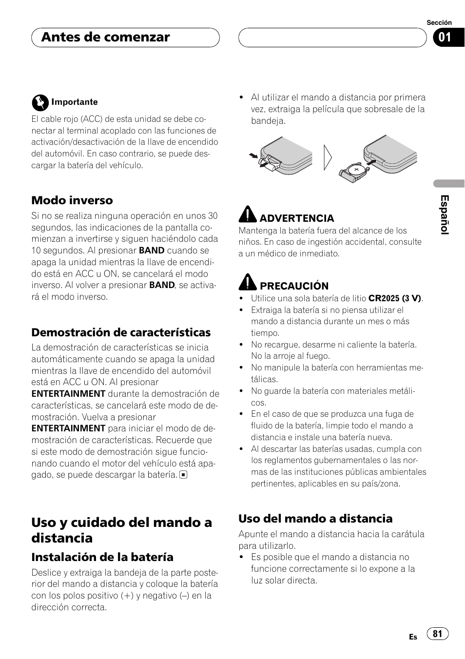 Modo inverso 81, Demostración de características 81, Uso y cuidado del mando a distancia 81 | Instalación de la batería 81, Uso del mando a distancia 81, Uso y cuidado del mando a distancia, Antes de comenzar, Modo inverso, Demostración de características, Instalación de la batería | Pioneer DEH-P80MP User Manual | Page 81 / 155