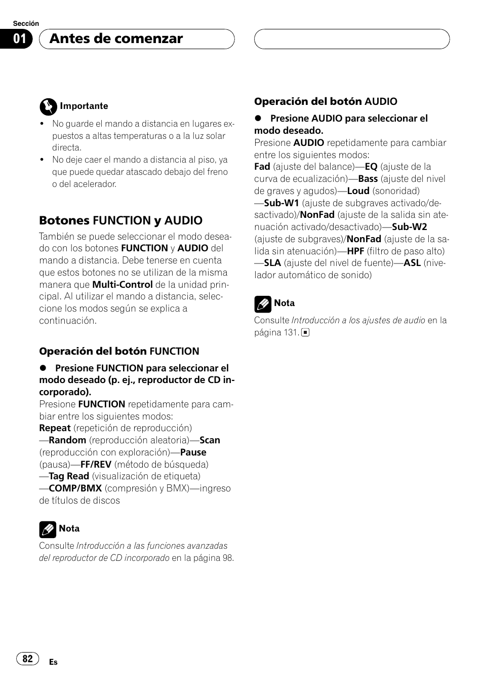 Botones function y audio 82, Antes de comenzar, Botones function y audio | Pioneer DEH-P80MP User Manual | Page 82 / 155