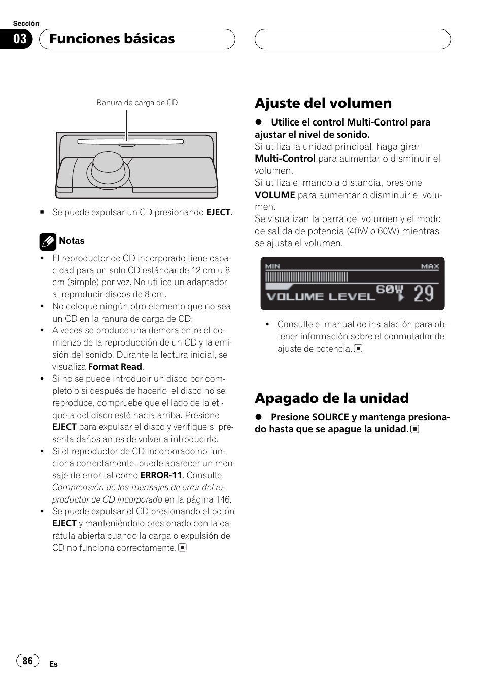 Ajuste del volumen 86, Apagado de la unidad 86, Ajuste del volumen | Apagado de la unidad, Funciones básicas | Pioneer DEH-P80MP User Manual | Page 86 / 155