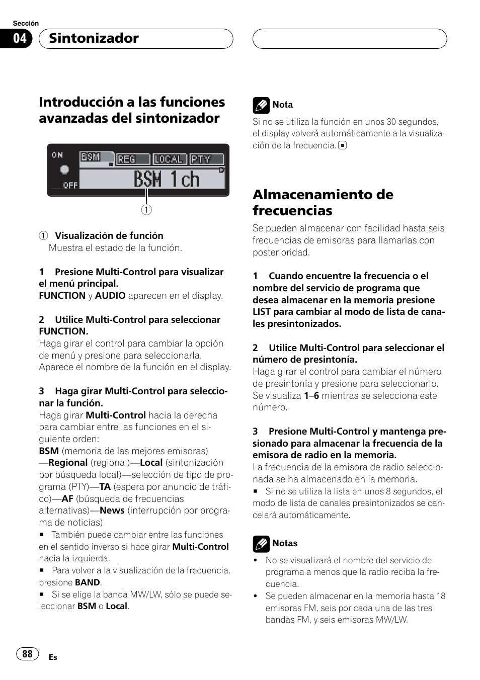 Introducción a las funciones avanzadas del, Sintonizador 88, Almacenamiento de frecuencias 88 | Almacenamiento de frecuencias, Sintonizador | Pioneer DEH-P80MP User Manual | Page 88 / 155