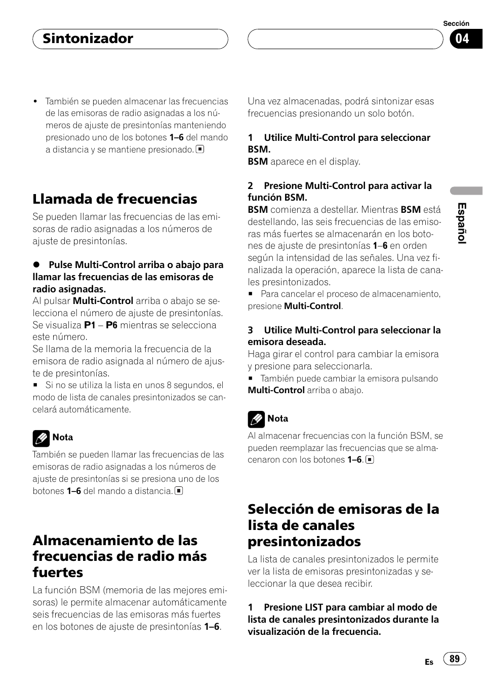 Llamada de frecuencias 89, Almacenamiento de las frecuencias de radio, Más fuertes 89 | Selección de emisoras de la lista de canales, Presintonizados 89, Llamada de frecuencias, Sintonizador | Pioneer DEH-P80MP User Manual | Page 89 / 155
