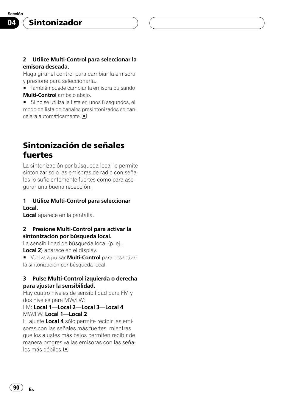 Sintonización de señales fuertes 90, Sintonización de señales fuertes, Sintonizador | Pioneer DEH-P80MP User Manual | Page 90 / 155