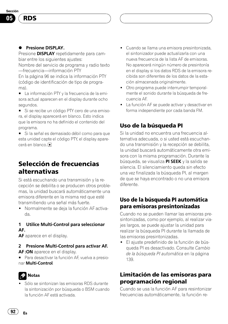 Selección de frecuencias alternativas 92, Uso de la búsqueda pi 92, Uso de la búsqueda pi automática | Para emisoras presintonizadas 92, Limitación de las emisoras para, Programación regional 92, Selección de frecuencias alternativas, Uso de la búsqueda pi | Pioneer DEH-P80MP User Manual | Page 92 / 155