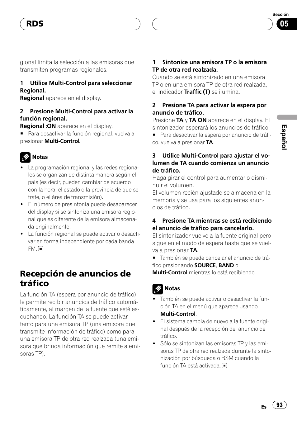 Recepción de anuncios de tráfico 93, Recepción de anuncios de tráfico | Pioneer DEH-P80MP User Manual | Page 93 / 155