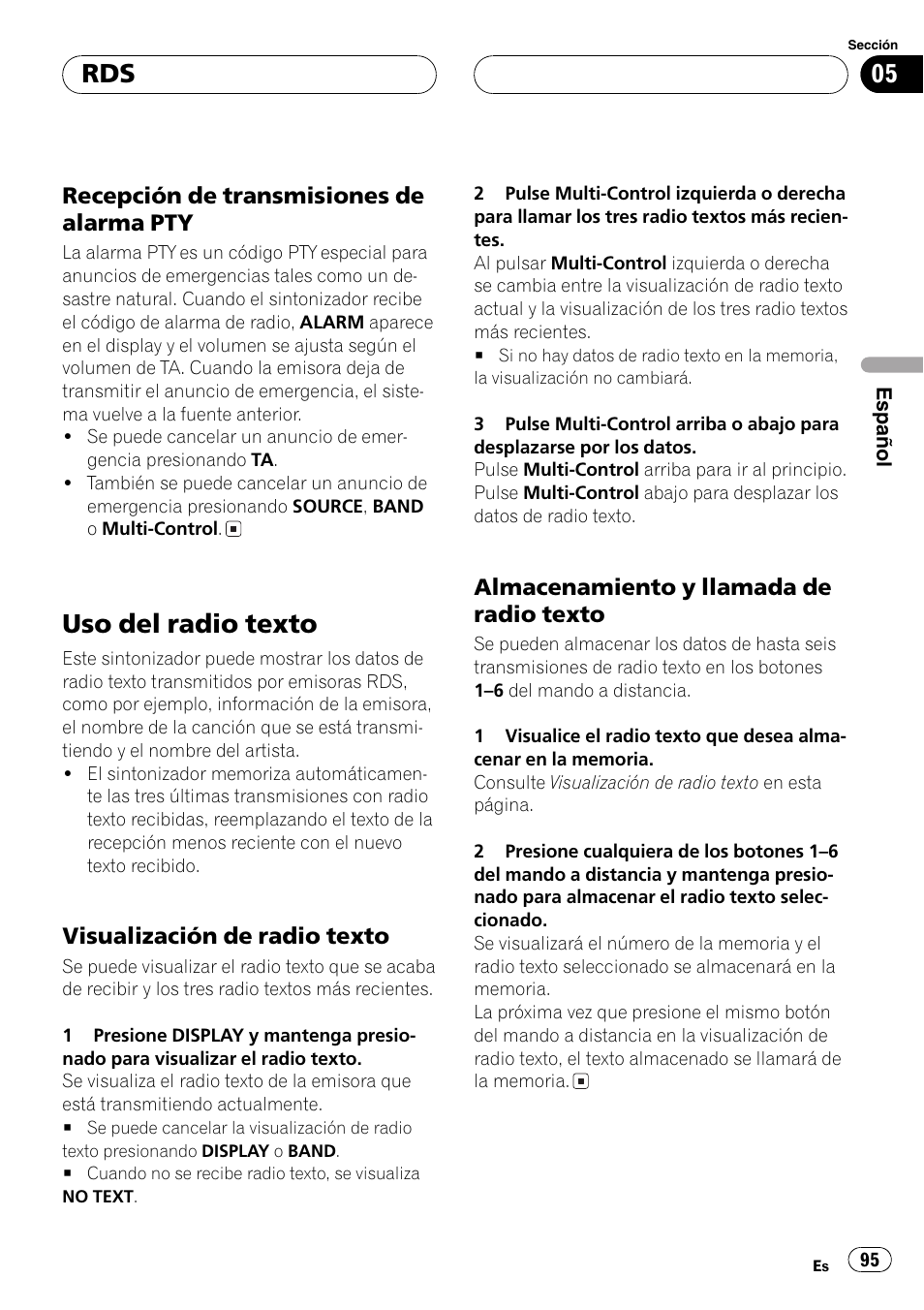 Recepción de transmisiones de, Alarma pty 95, Uso del radio texto 95 | Visualización de radio texto 95, Almacenamiento y llamada de radio, Texto 95, Uso del radio texto, Recepción de transmisiones de alarma pty, Visualización de radio texto, Almacenamiento y llamada de radio texto | Pioneer DEH-P80MP User Manual | Page 95 / 155