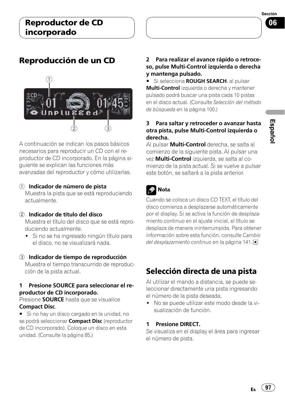 Reproductor de cd incorporado, Reproducción de un cd 97, Selección directa de una pista 97 | Reproducción de un cd, Selección directa de una pista | Pioneer DEH-P80MP User Manual | Page 97 / 155