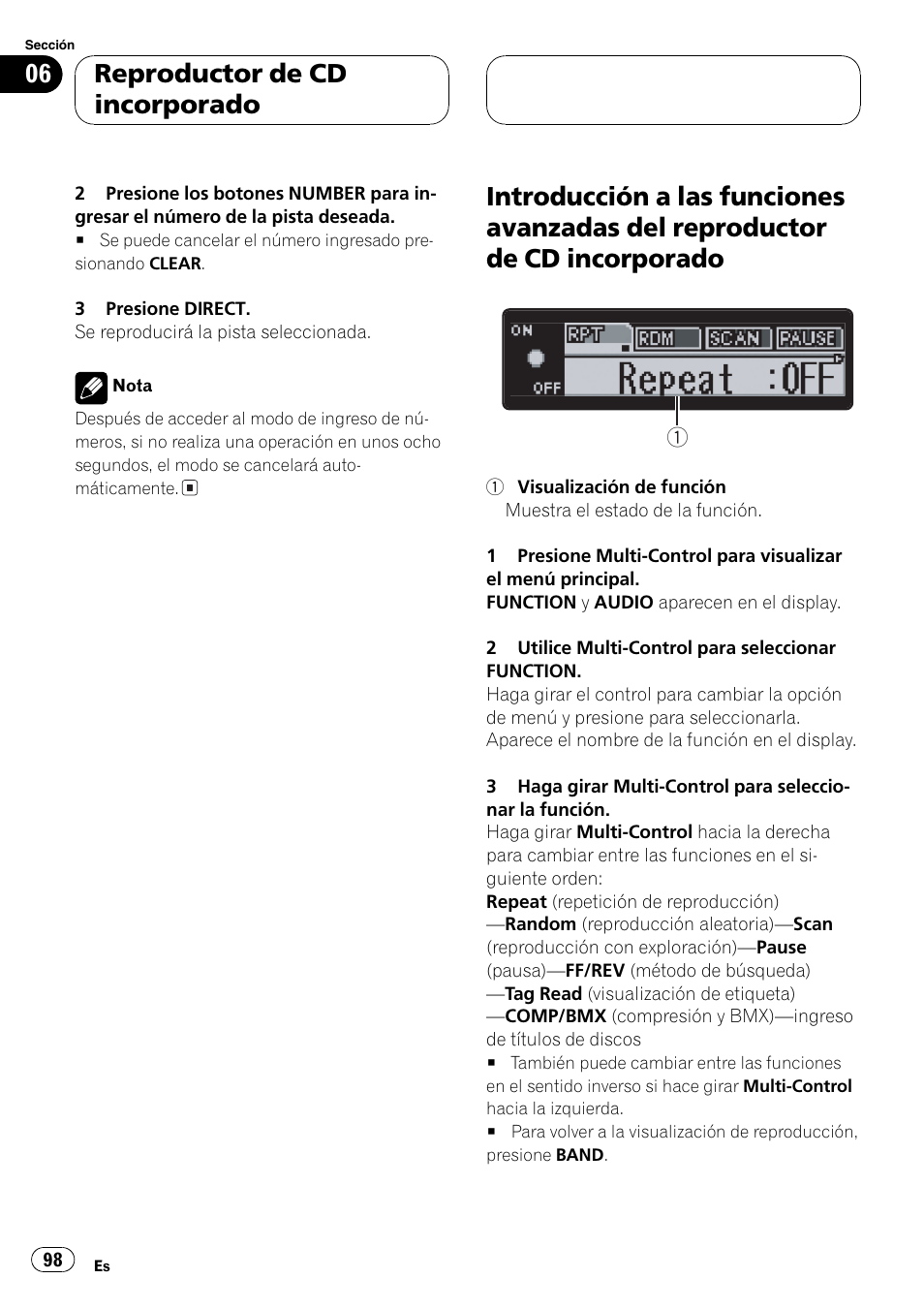 Introducción a las funciones avanzadas del, Reproductor de cd incorporado 98, Guiente | Reproductor de cd incorporado | Pioneer DEH-P80MP User Manual | Page 98 / 155