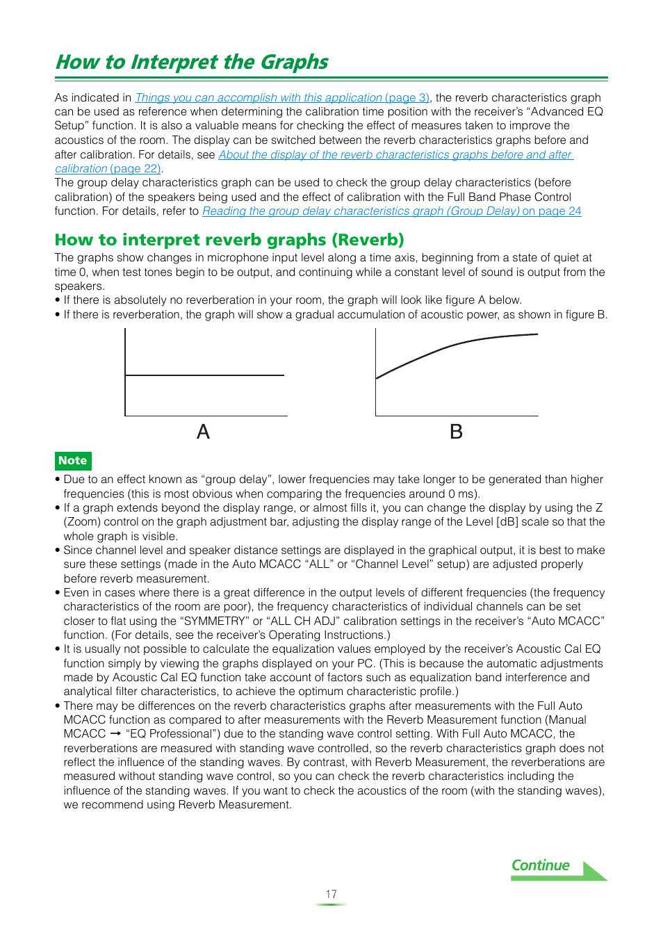 How to interpret the graphs, How to interpret reverb graphs (reverb), Continue | Pioneer VSX-920-K User Manual | Page 17 / 35