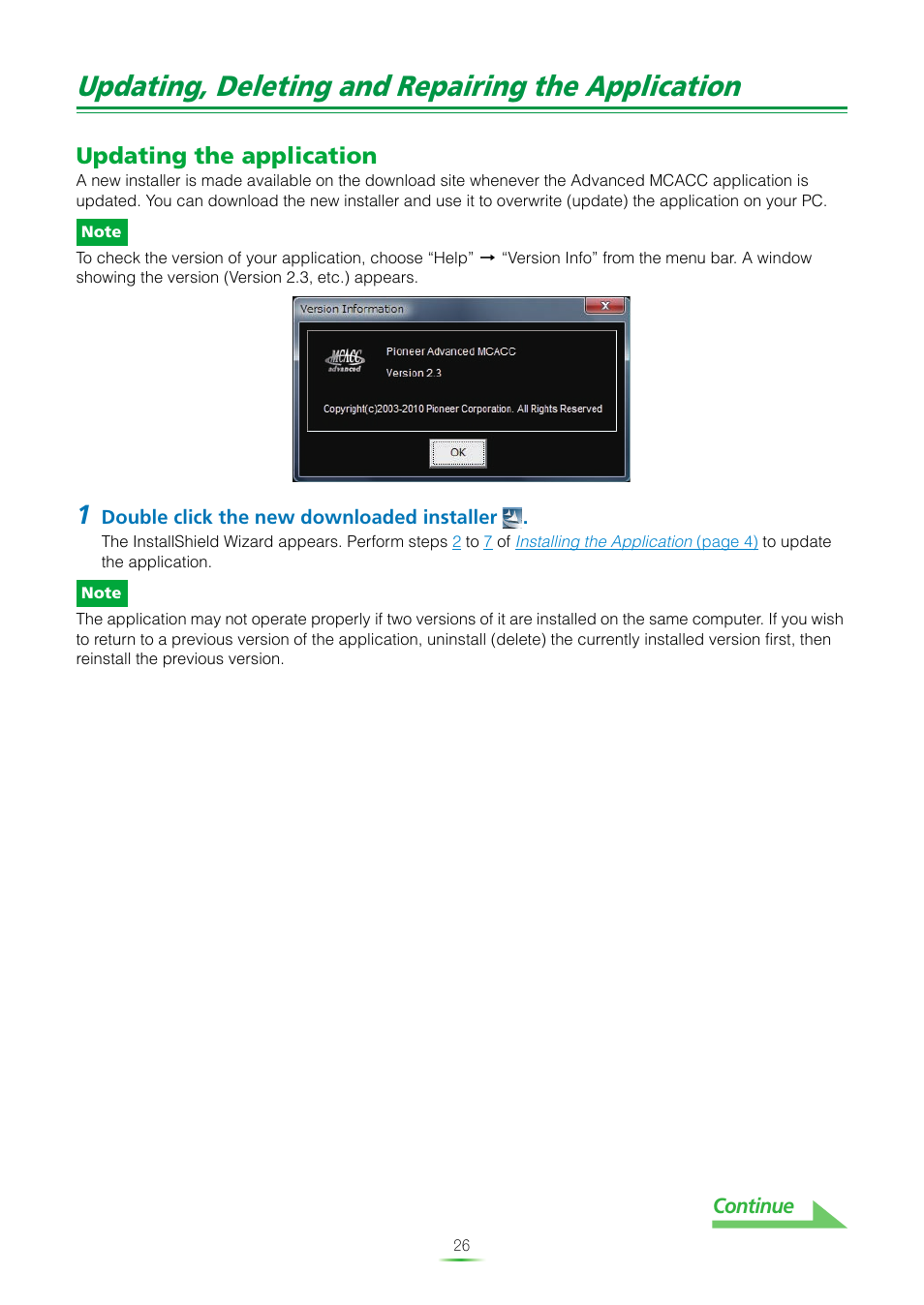 Updating, deleting and repairing the application, Updating the application, Updating the | Pioneer VSX-920-K User Manual | Page 26 / 35