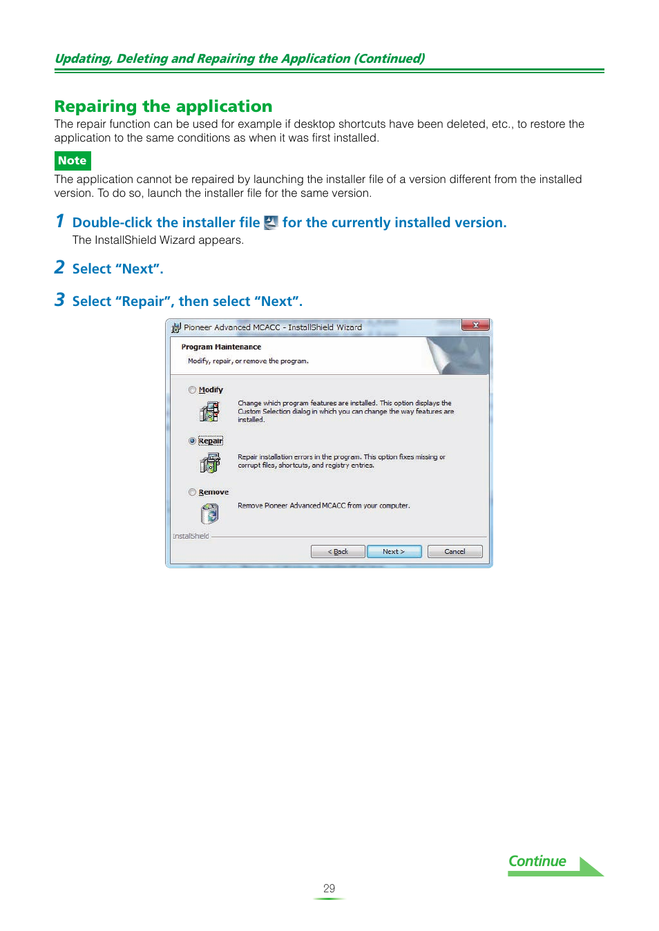 Repairing the application | Pioneer VSX-920-K User Manual | Page 29 / 35