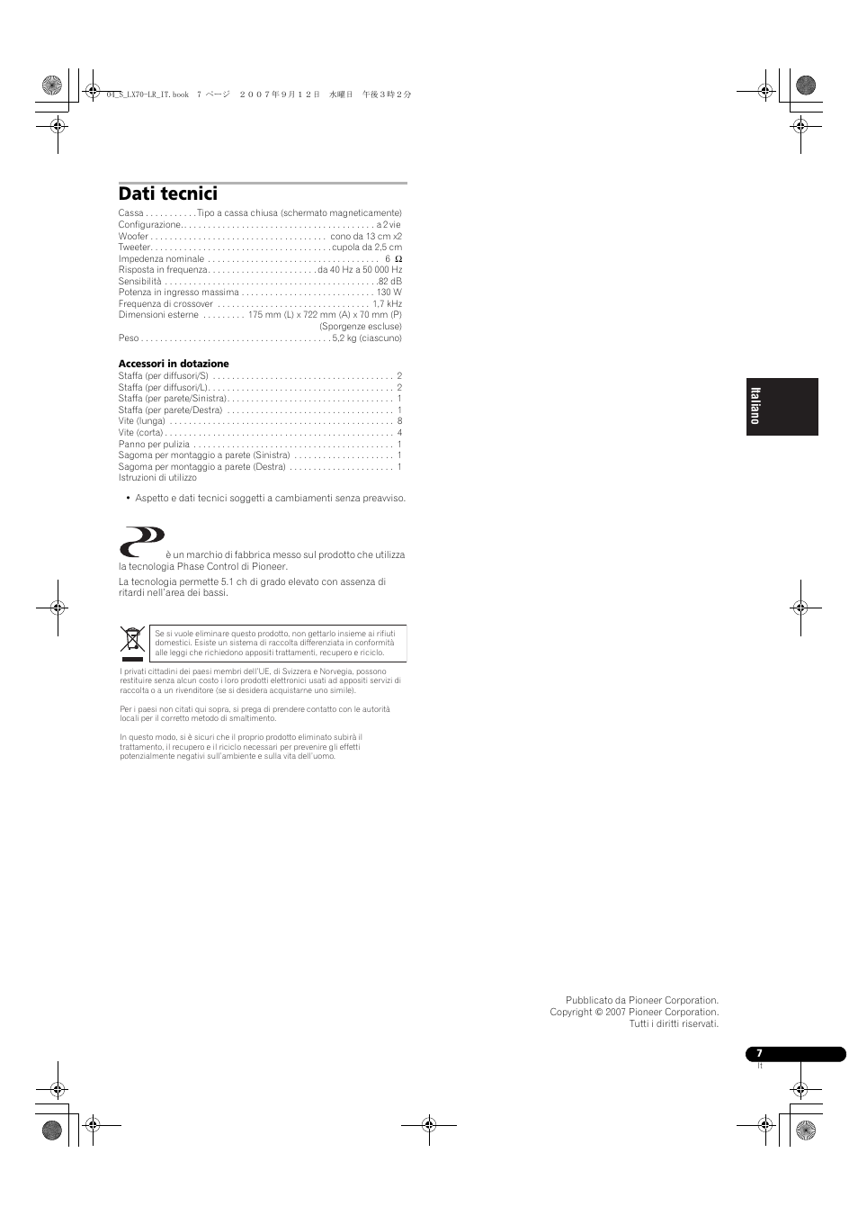 Dati tecnici | Pioneer S-LX70-LR User Manual | Page 25 / 76