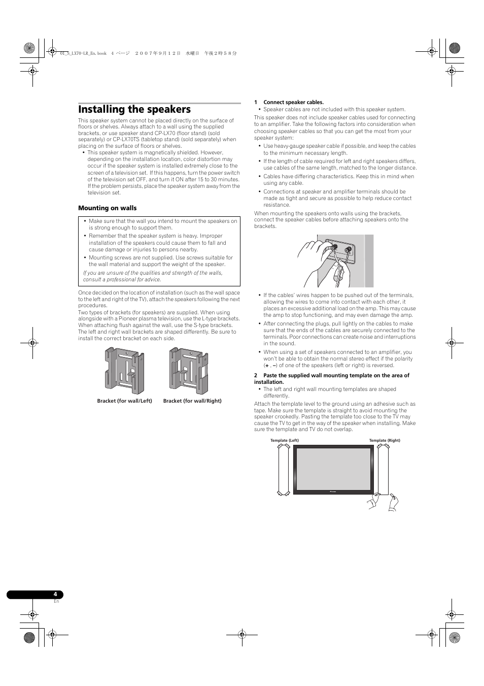 Installing the speakers | Pioneer S-LX70-LR User Manual | Page 4 / 76