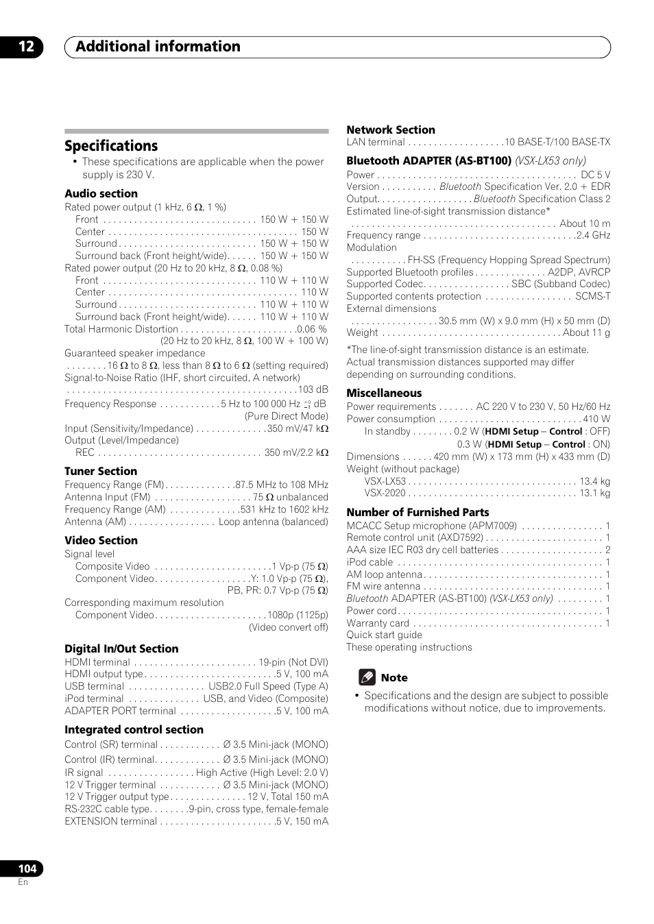Specifications, Additional information 12 | Pioneer VSX-LX53 User Manual | Page 104 / 110