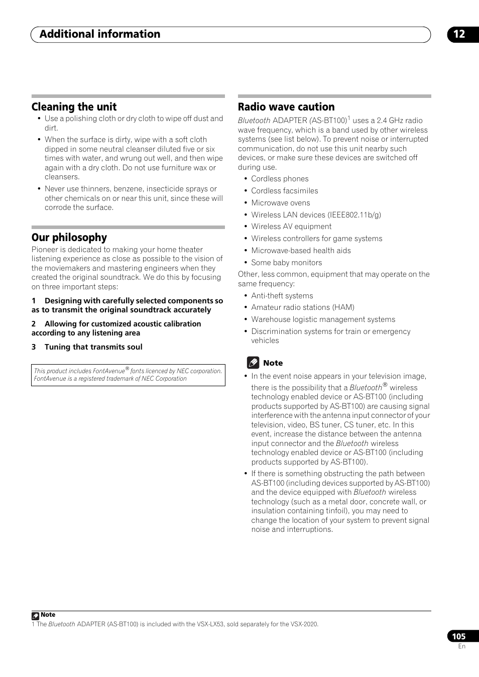 Cleaning the unit, Our philosophy, Radio wave caution | Additional information 12 | Pioneer VSX-LX53 User Manual | Page 105 / 110