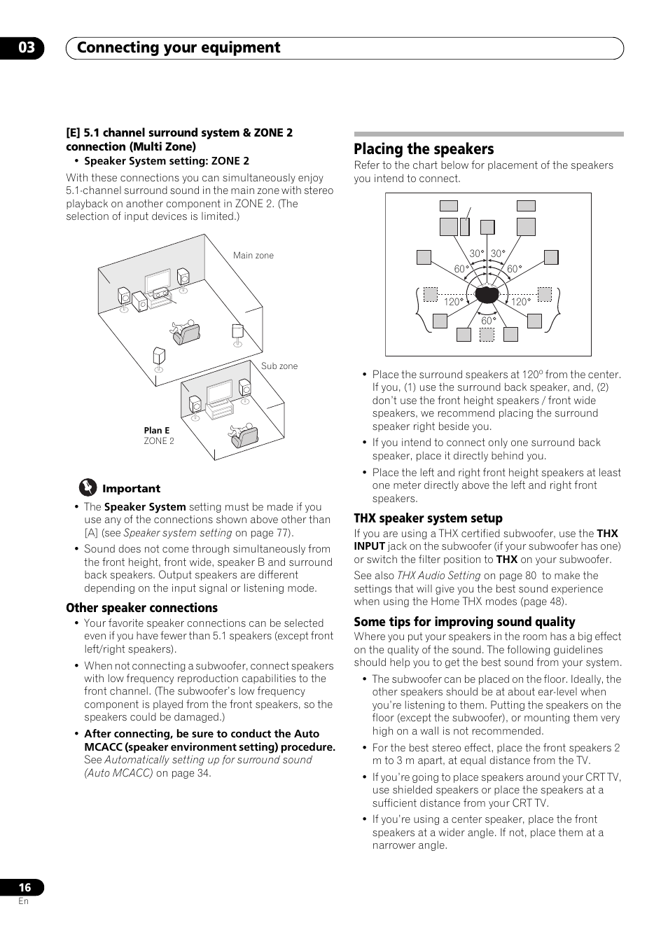 Other speaker connections, Placing the speakers, Thx speaker system setup | Some tips for improving sound quality, Connecting your equipment 03 | Pioneer VSX-LX53 User Manual | Page 16 / 110