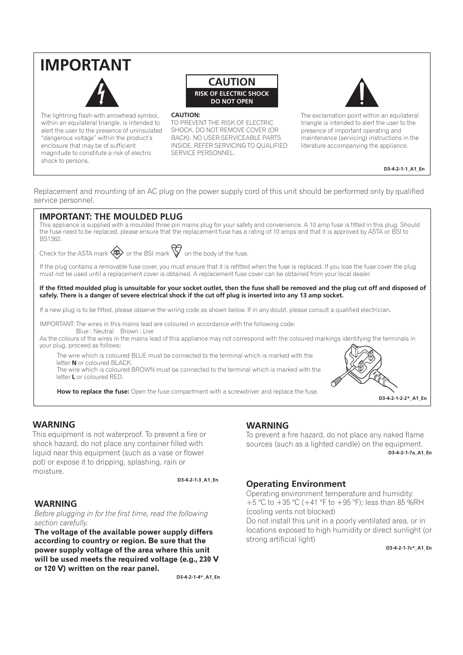 Important, Caution, Important: the moulded plug | Warning, Operating environment | Pioneer VSX-LX53 User Manual | Page 2 / 110