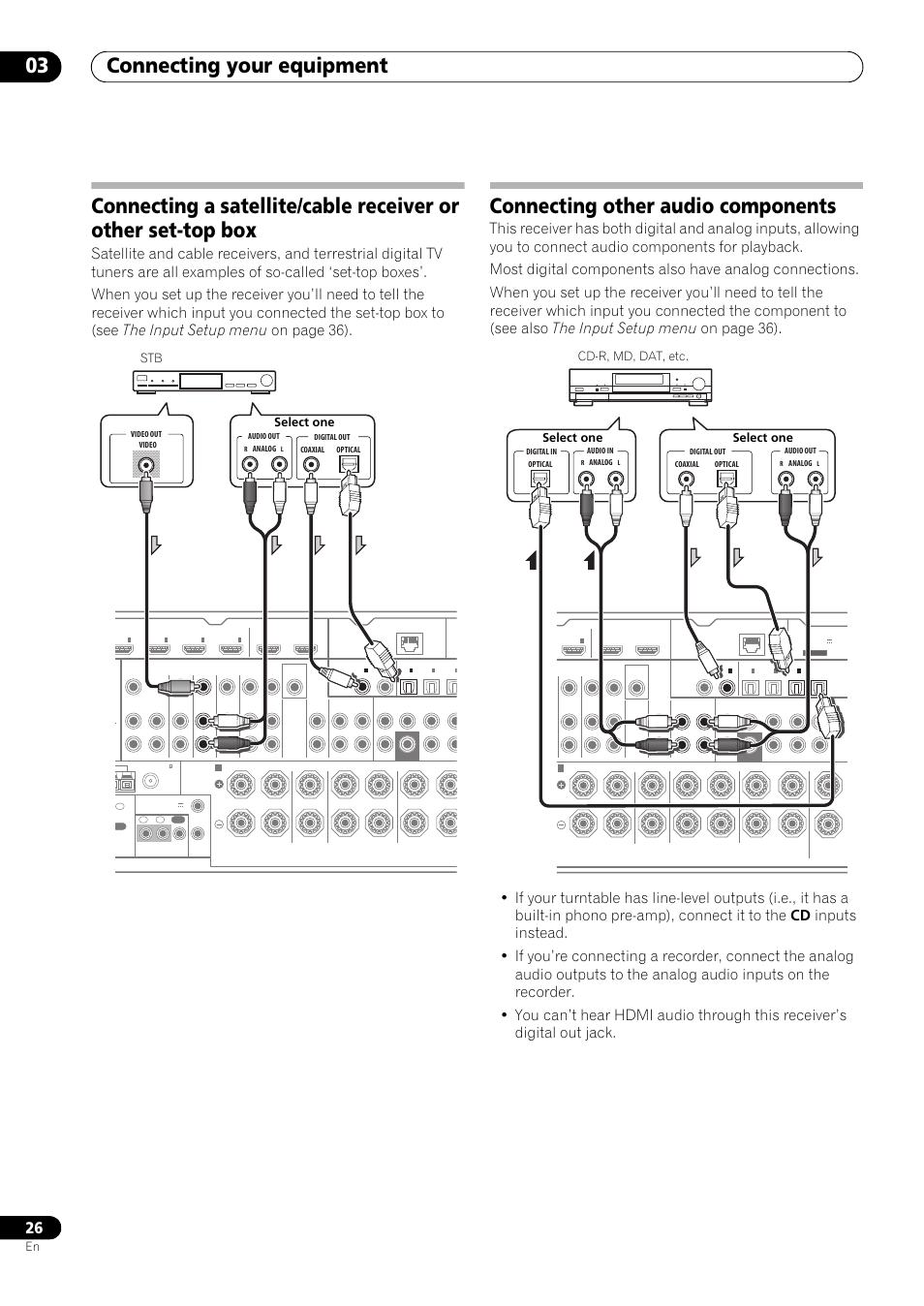 Connecting other audio components, Connecting your equipment 03, Stb select one | Cd-r, md, dat, etc. select one select one | Pioneer VSX-LX53 User Manual | Page 26 / 110