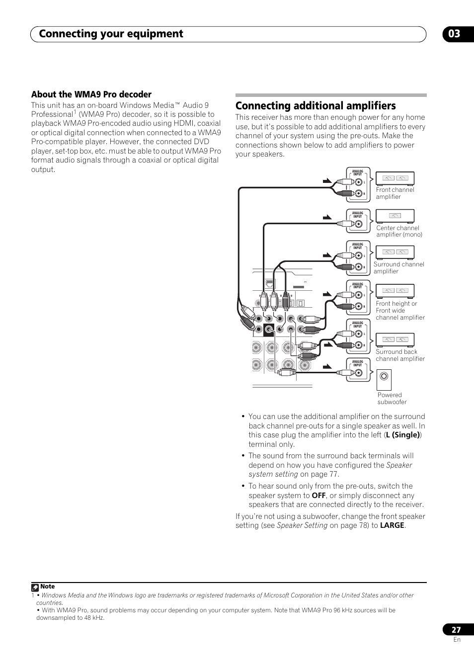 About the wma9 pro decoder, Connecting additional amplifiers, Connecting your equipment 03 | Pioneer VSX-LX53 User Manual | Page 27 / 110
