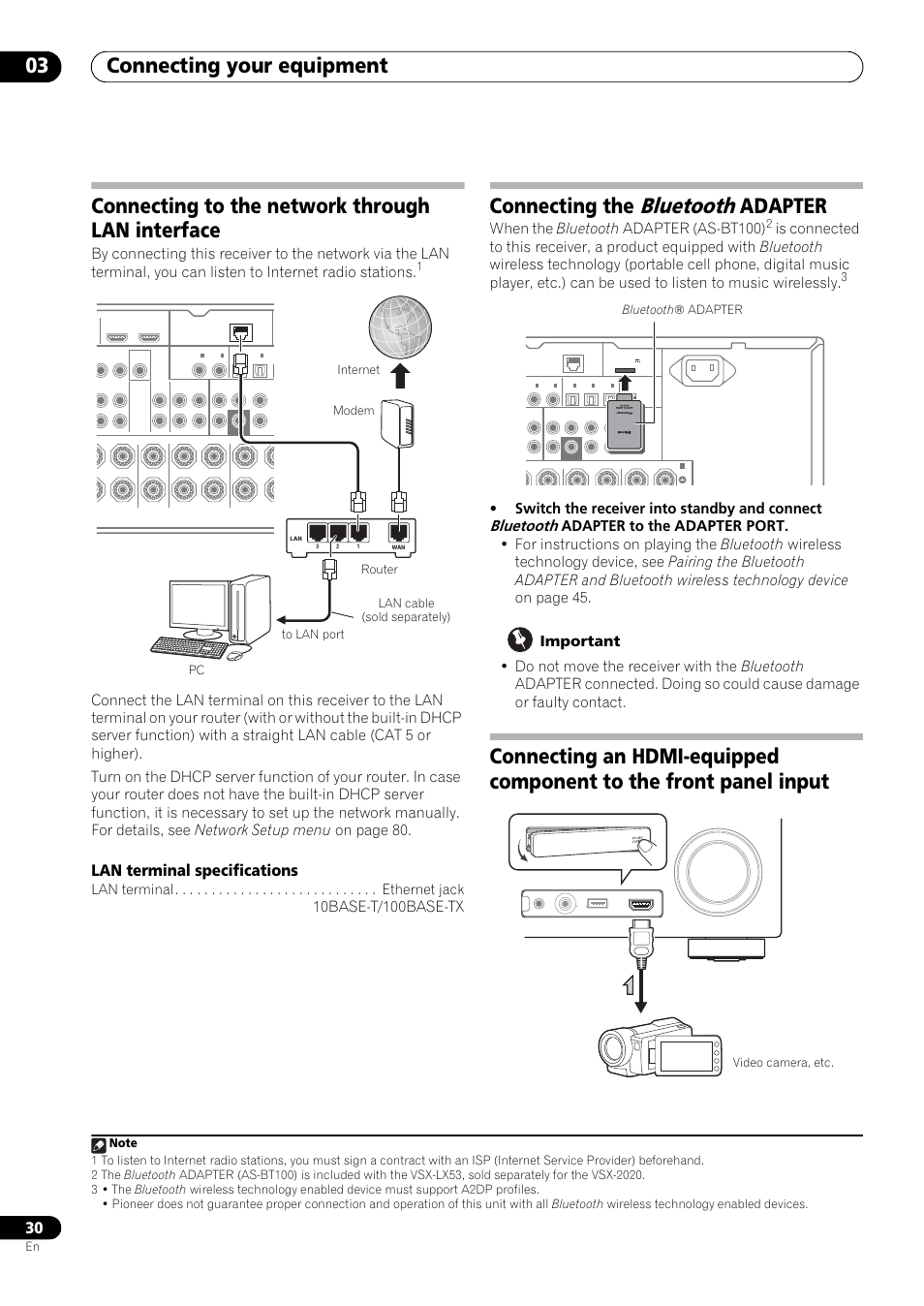 Connecting to the network through lan interface, Connecting the bluetooth adapter, Bluetooth | Connecting your equipment 03, Connecting the, Adapter, Lan terminal specifications, When the bluetooth adapter (as-bt100), Switch the receiver into standby and connect, Bluetooth ® adapter | Pioneer VSX-LX53 User Manual | Page 30 / 110