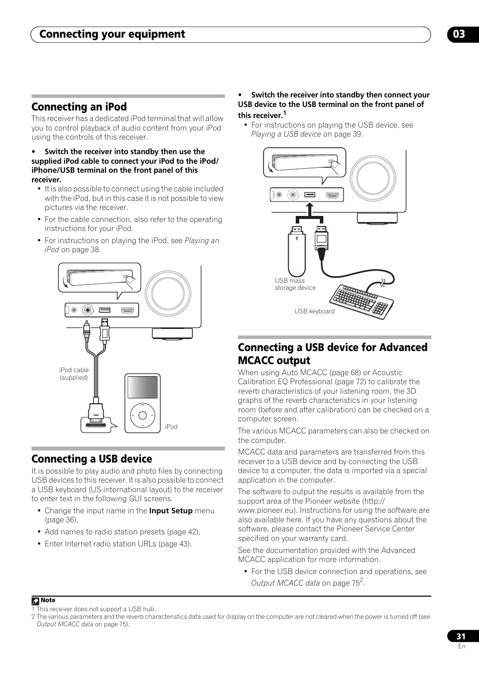 Connecting an ipod, Connecting a usb device, Connecting a usb device for advanced mcacc output | Connecting your equipment 03 | Pioneer VSX-LX53 User Manual | Page 31 / 110