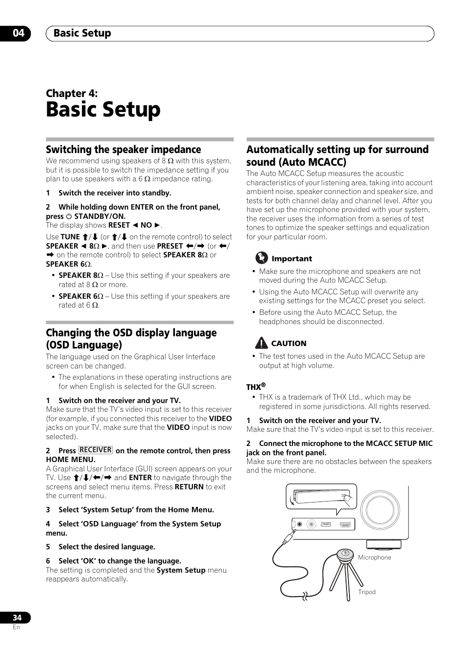 Basic setup, Switching the speaker impedance, Changing the osd display language (osd language) | 04 basic setup, Basic setup 04, Chapter 4 | Pioneer VSX-LX53 User Manual | Page 34 / 110