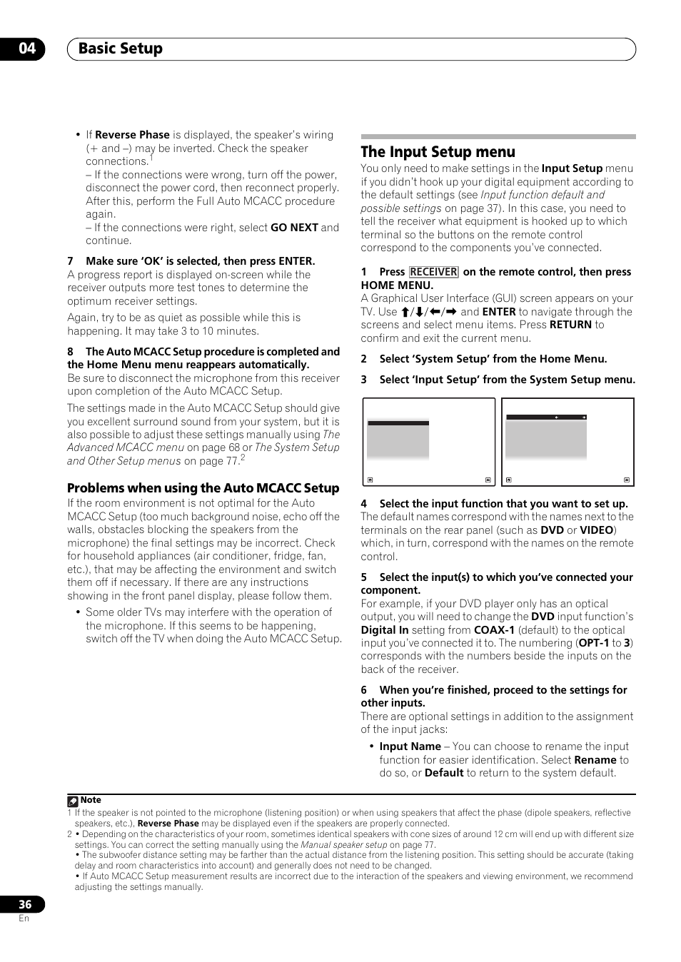 Problems when using the auto mcacc setup, The input setup menu, Basic setup 04 | Pioneer VSX-LX53 User Manual | Page 36 / 110