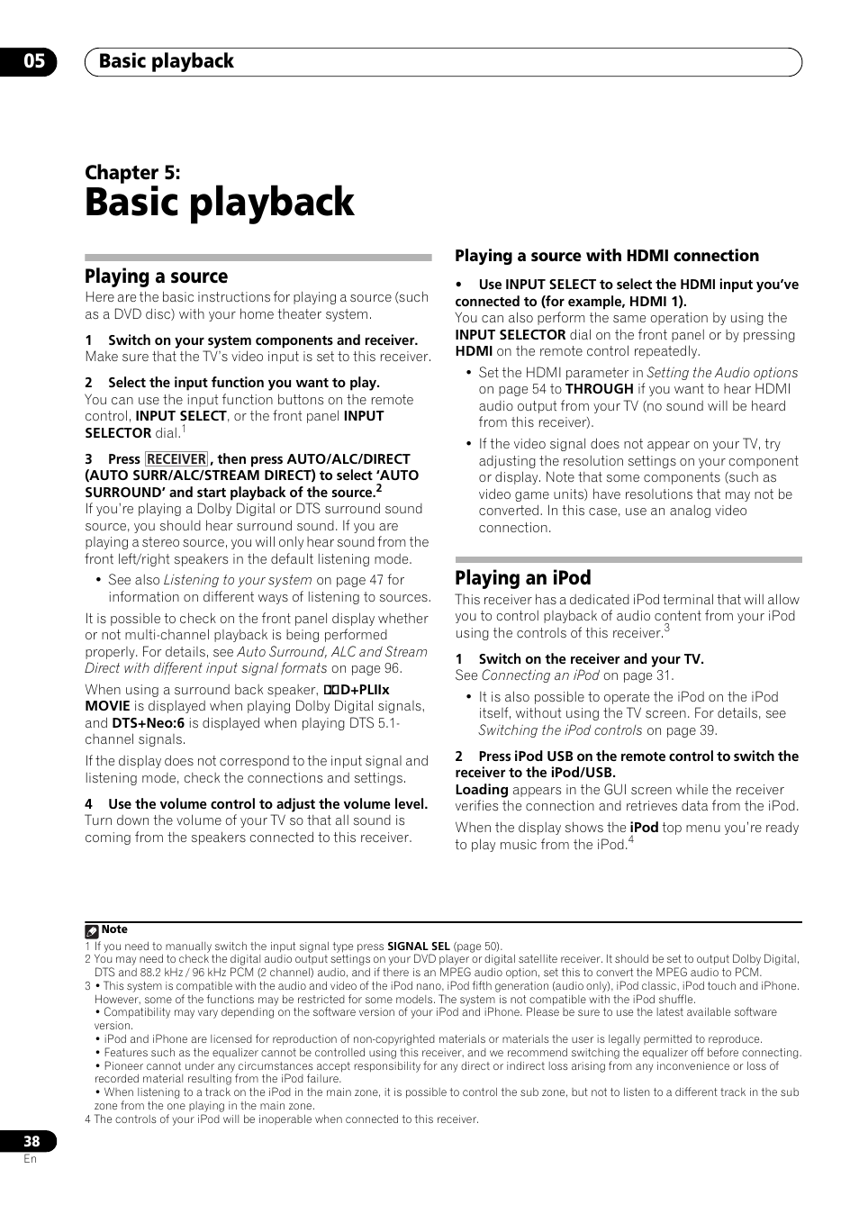 Basic playback, Playing a source, Playing a source with hdmi connection | Playing an ipod, 05 basic playback, Basic playback 05, Chapter 5 | Pioneer VSX-LX53 User Manual | Page 38 / 110