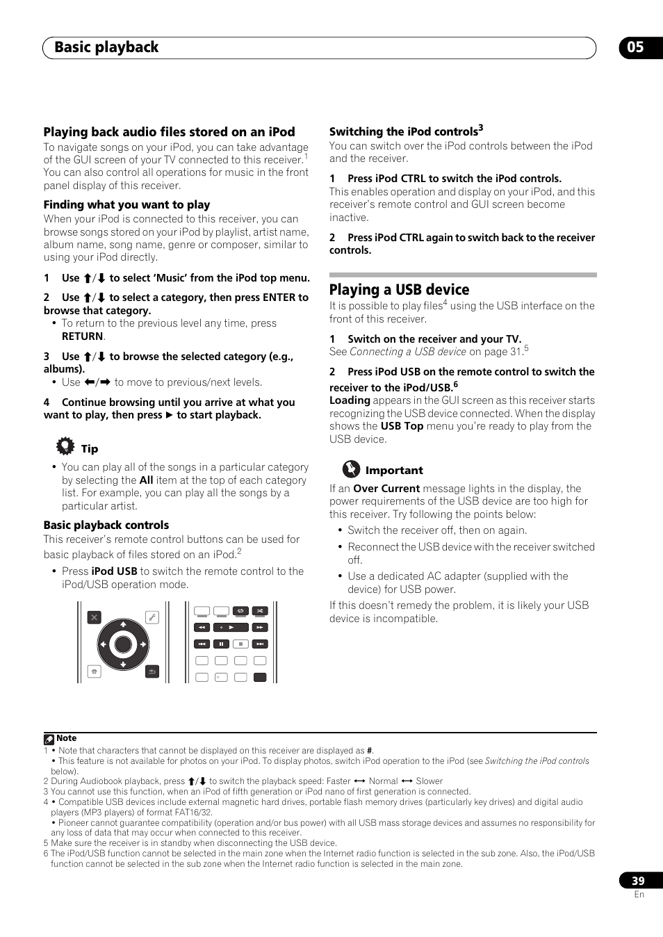 Playing back audio files stored on an ipod, Playing a usb device, Basic playback 05 | Finding what you want to play, Basic playback controls, Switching the ipod controls | Pioneer VSX-LX53 User Manual | Page 39 / 110