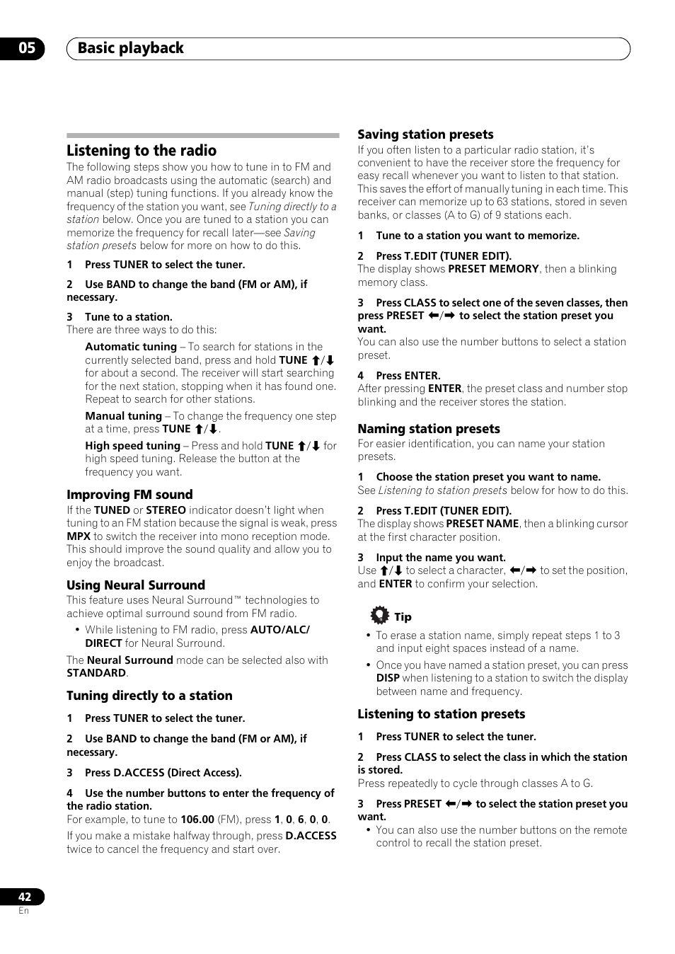 Listening to the radio, Improving fm sound, Using neural surround | Tuning directly to a station, Saving station presets, Naming station presets, Listening to station presets, Basic playback 05 | Pioneer VSX-LX53 User Manual | Page 42 / 110