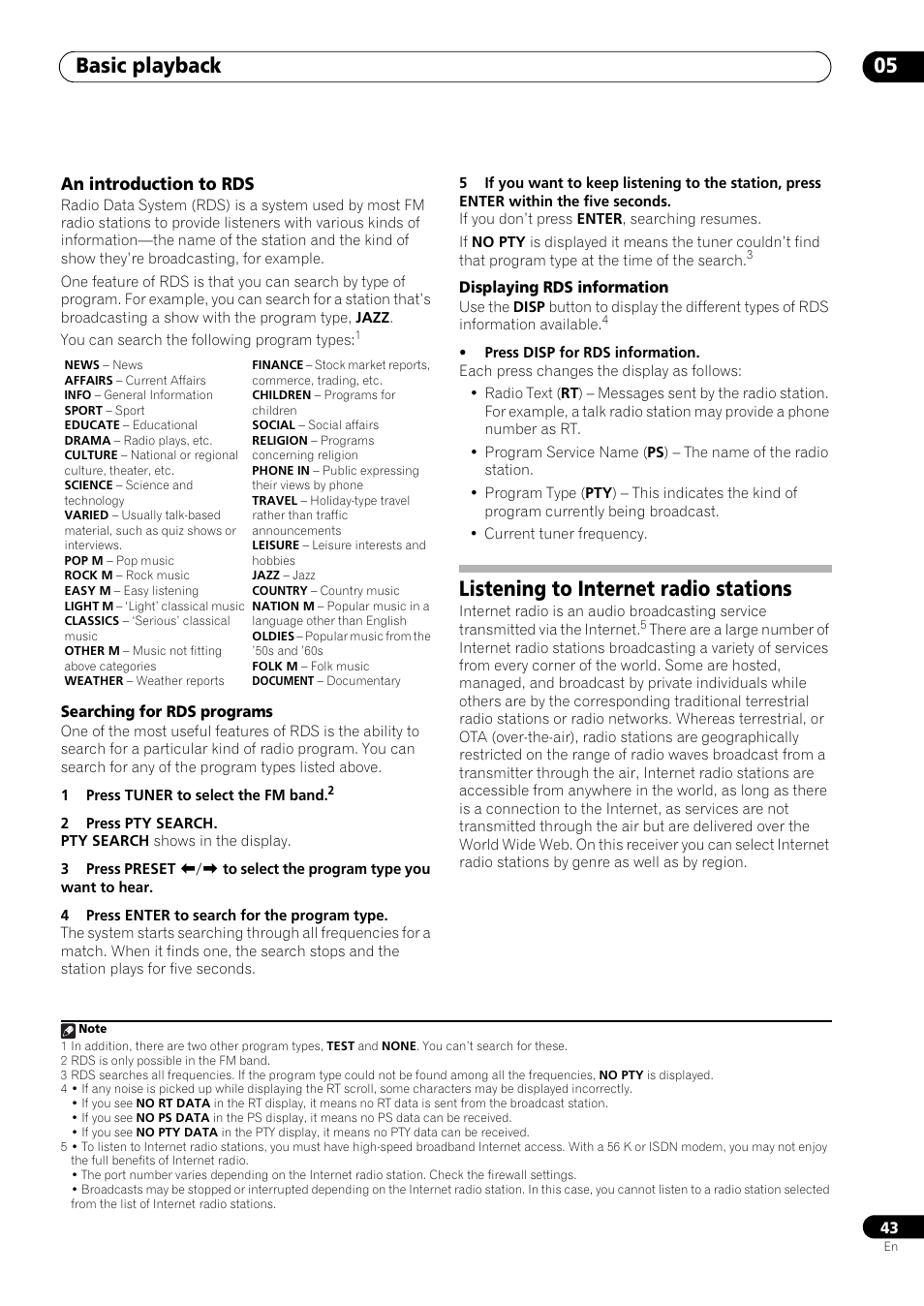 An introduction to rds, Listening to internet radio stations, Basic playback 05 | Pioneer VSX-LX53 User Manual | Page 43 / 110