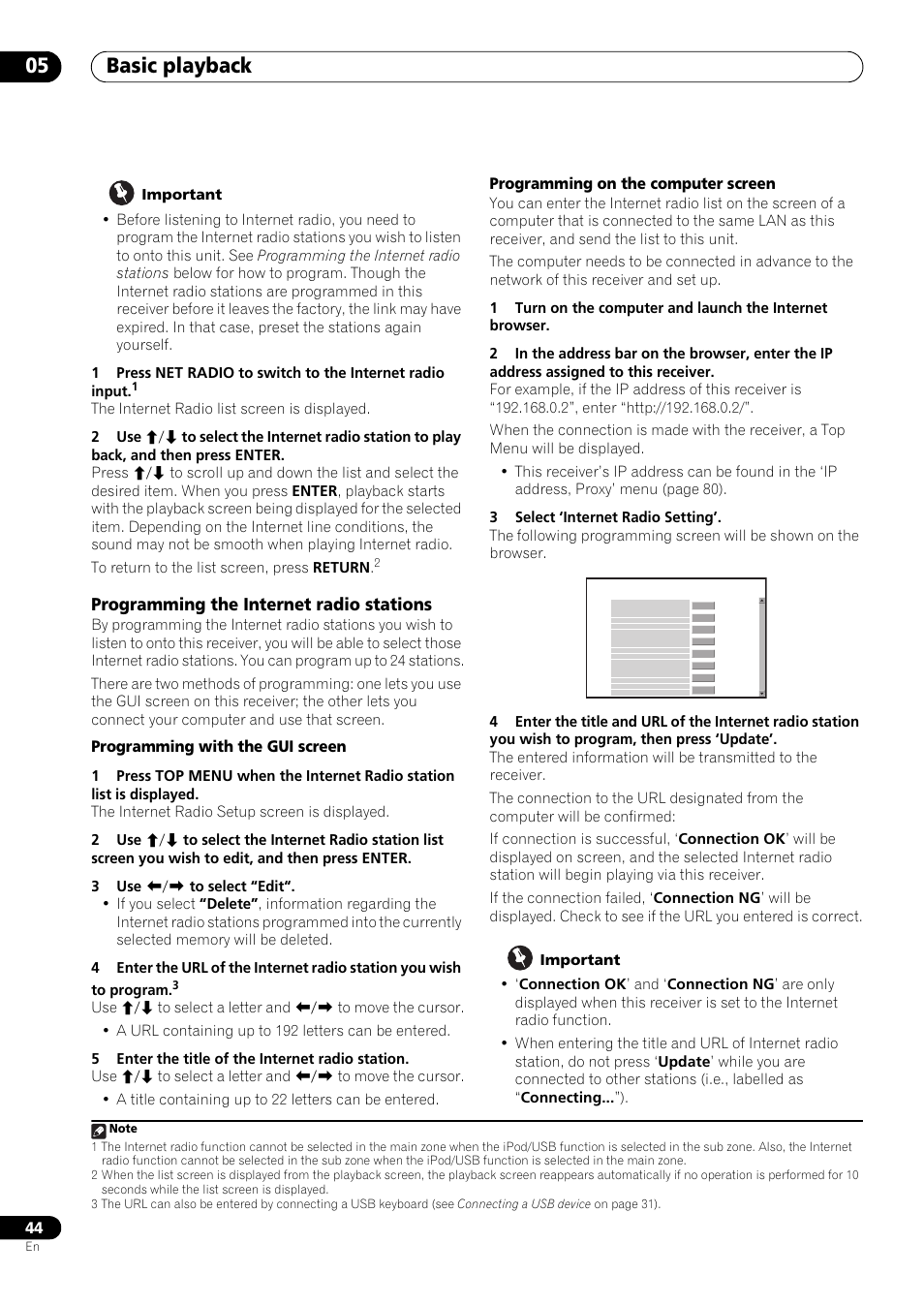 Programming the internet radio stations, Basic playback 05, Programming with the gui screen | Programming on the computer screen | Pioneer VSX-LX53 User Manual | Page 44 / 110